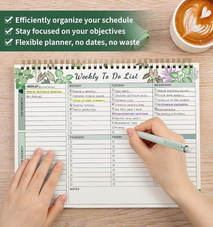 104 Pgs Weekly To Do List Notepad, 52 Duplex-Printed Undated Sheets 100 GSM（8.5"×11") Weekly Desk Planner For Work Home School Office Desk Accessories Supplies & Goal Setting Tasks - Green