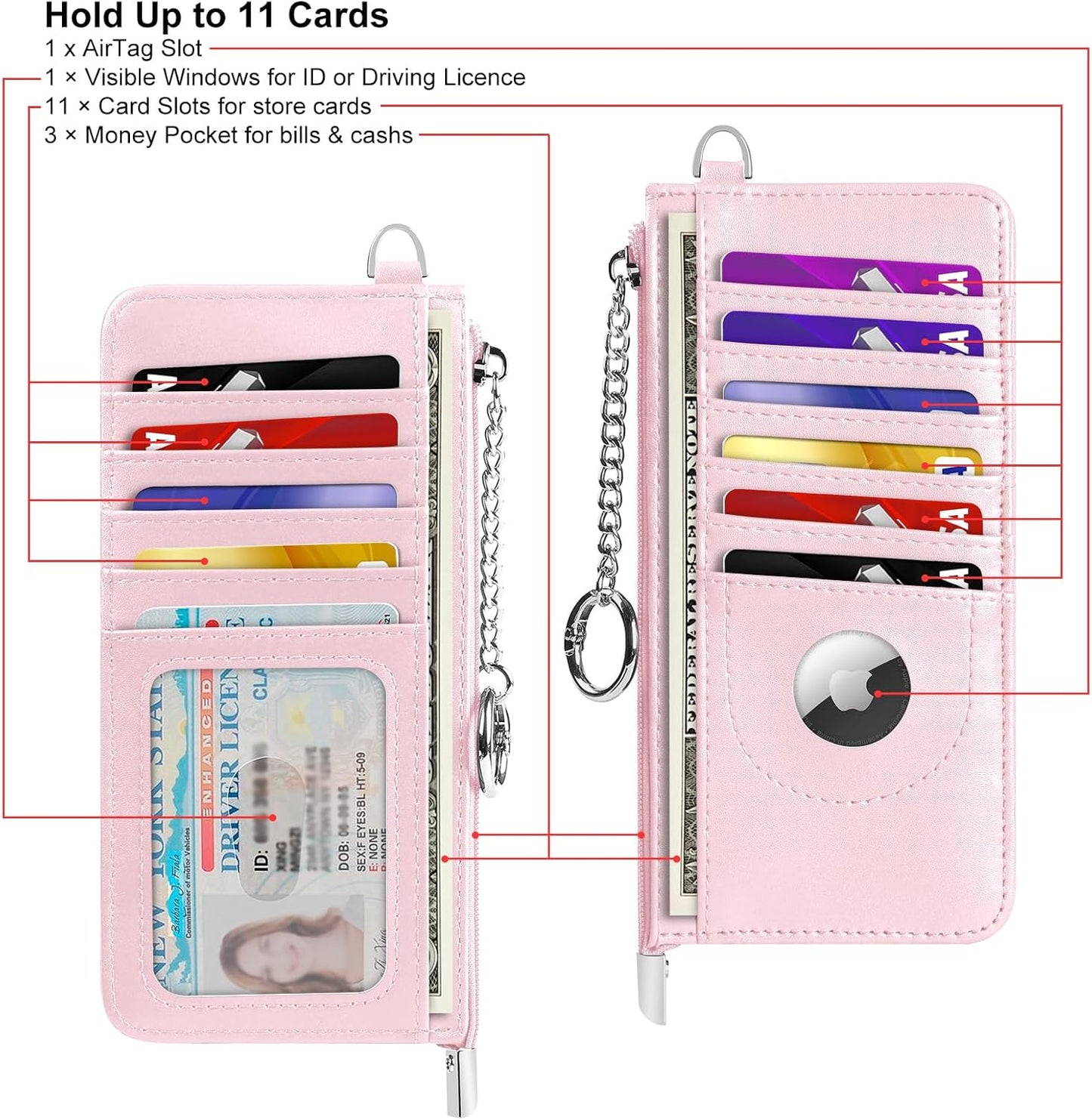RFID Blocking Slim Credit Card Holder Wallet with Zipper Money Pocket & Keychain, Slim Airtag Wallet for Men Women