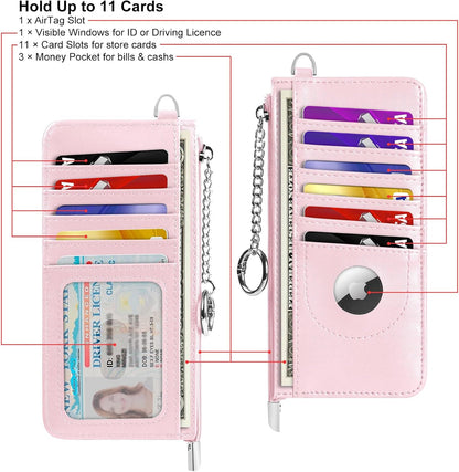 RFID Blocking Slim Credit Card Holder Wallet with Zipper Money Pocket & Keychain, Slim Airtag Wallet for Men Women