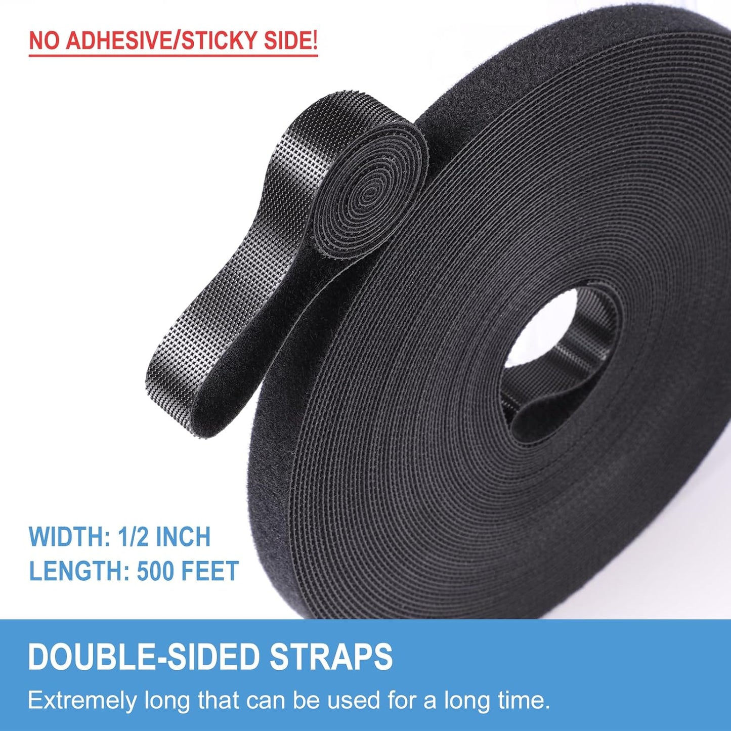 1/2in x 100ft Hook and Loop Roll | Double-Sided Strips, Self-Gripping Straps | Reusable Multi-Purpose Wrap Fasteners for Home, Office, Data Center, and More