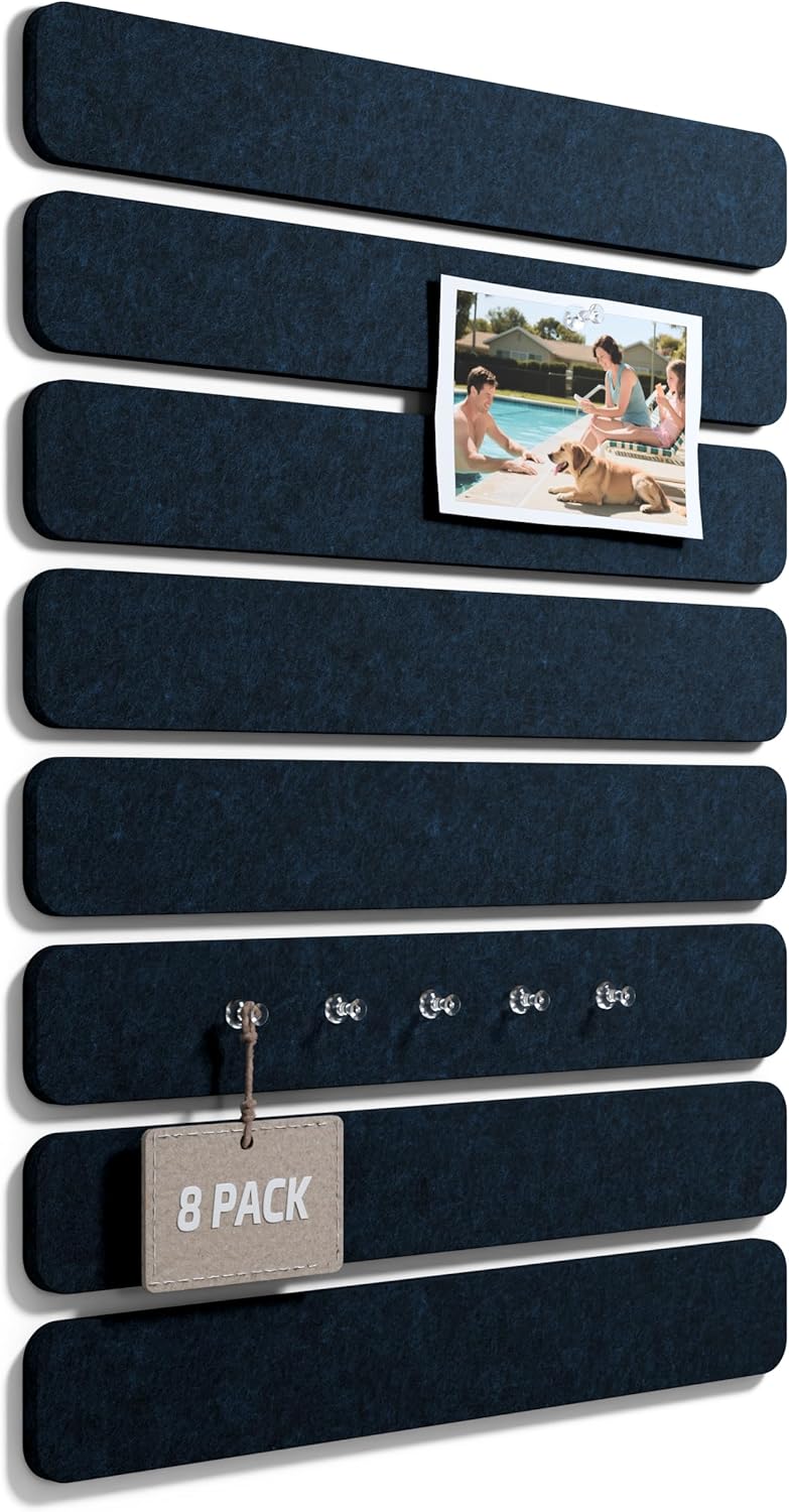 Fluxynara Cork Board Alternative Felt Strip Board 8-Pack 13"x2", Office Pin Board with 50 Push Pins, Adhesive Install for Bedroom Door & Home Office(Linen Dusk)