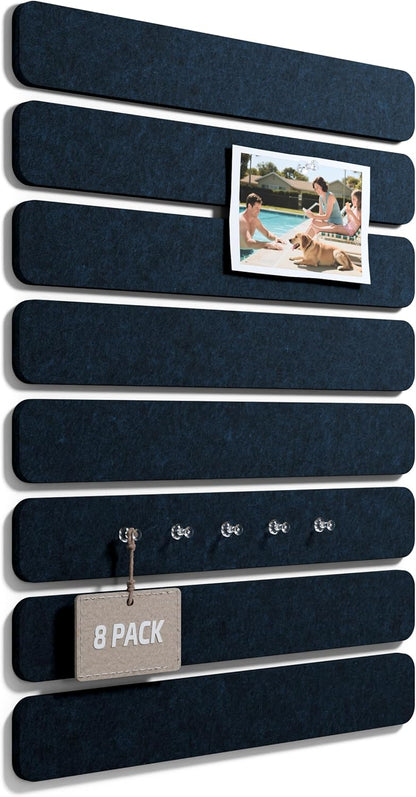 Fluxynara Cork Board Alternative Felt Strip Board 8-Pack 13"x2", Office Pin Board with 50 Push Pins, Adhesive Install for Bedroom Door & Home Office(Linen Dusk)