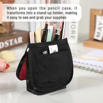 Mr. Pen- Standing Pencil Case Pouch, Sit & Lay Mesh-View Design, Black & Gray, Interior Pocket & 2 Elastic Binder Loops, Cute Pencil Case for Girls and Boys