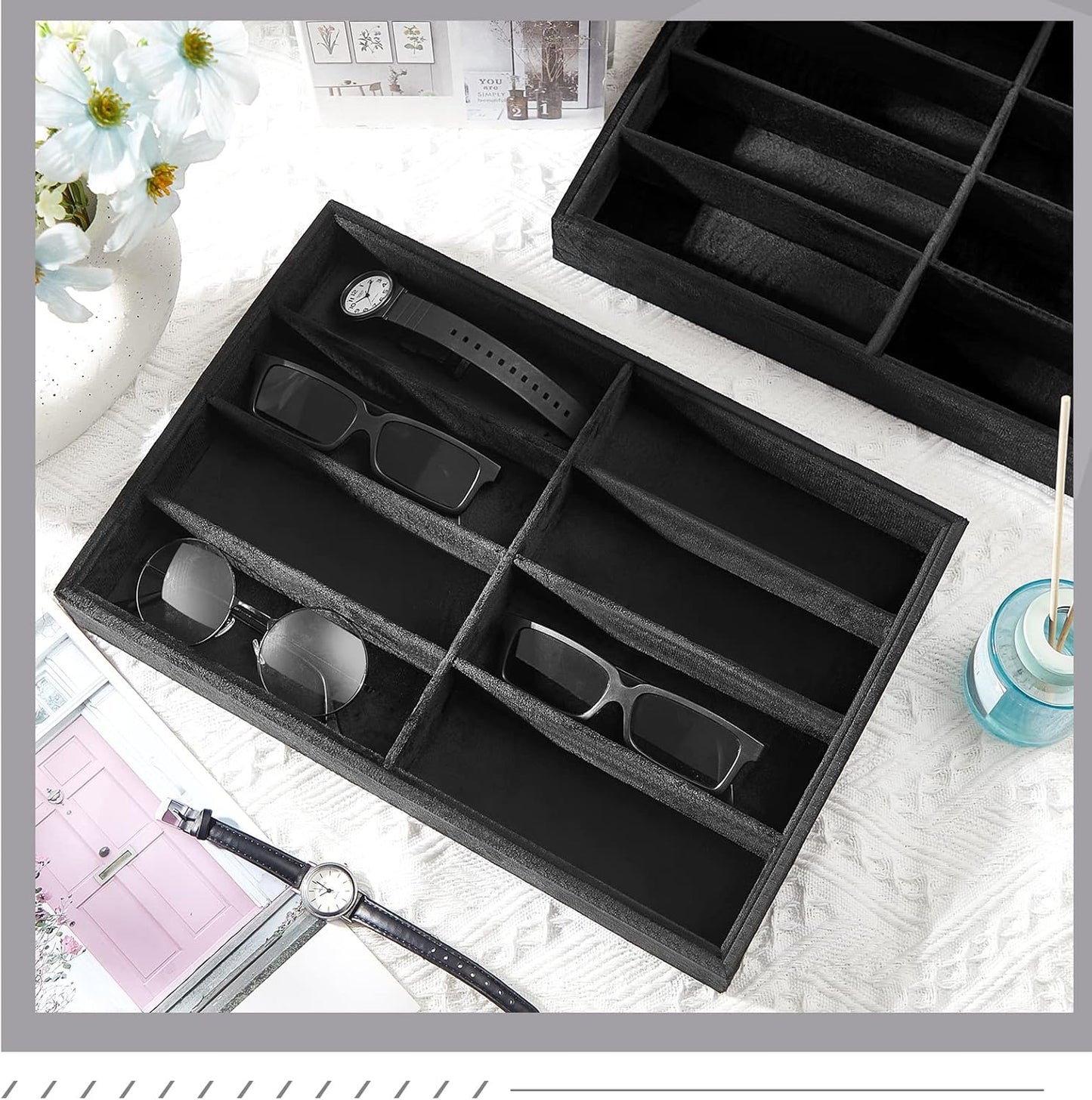 Amylove 4 Pcs Gray Sunglass Organizer Trays 4 Grids Velvet Glasses Holder Jewelry Display Organizer Eyeglasses Storage Box Drawer