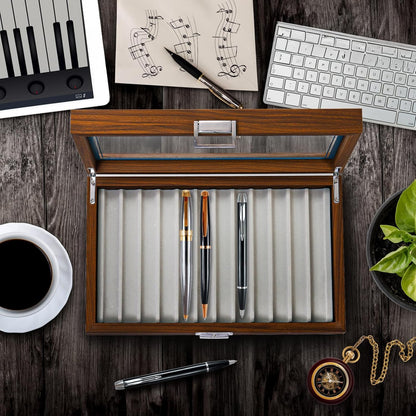 Yesland Black Walnut Wood Display Box, 12 Slot Fountain Pen Organizer With Clear Glass Window, Luxury Collection Case for Shop, Home