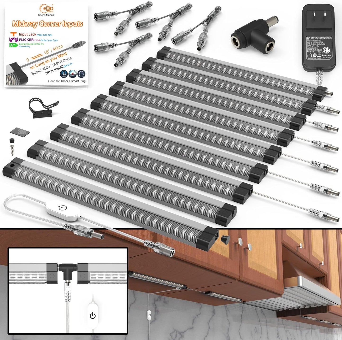 EBD LED Light Bar Built-in Adjustable Cable 12 Pcs Corner Input Under-Counter Light fixtures Work Bench linkable Touch Lights 3000K 5400 Lm Super Bright for Pantry Garage Shelves Closet Shelf