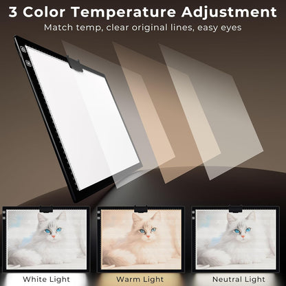 Bylitodt Rechargeable A3 Light Pad, Diamond Art Light Board, 16.7x13.5 inch Lightbox for Tracing and Drawing with 3 Colors & 6 Brightness, Tracing Pad for Weeding Vinyl, Diamond Painting Accessories