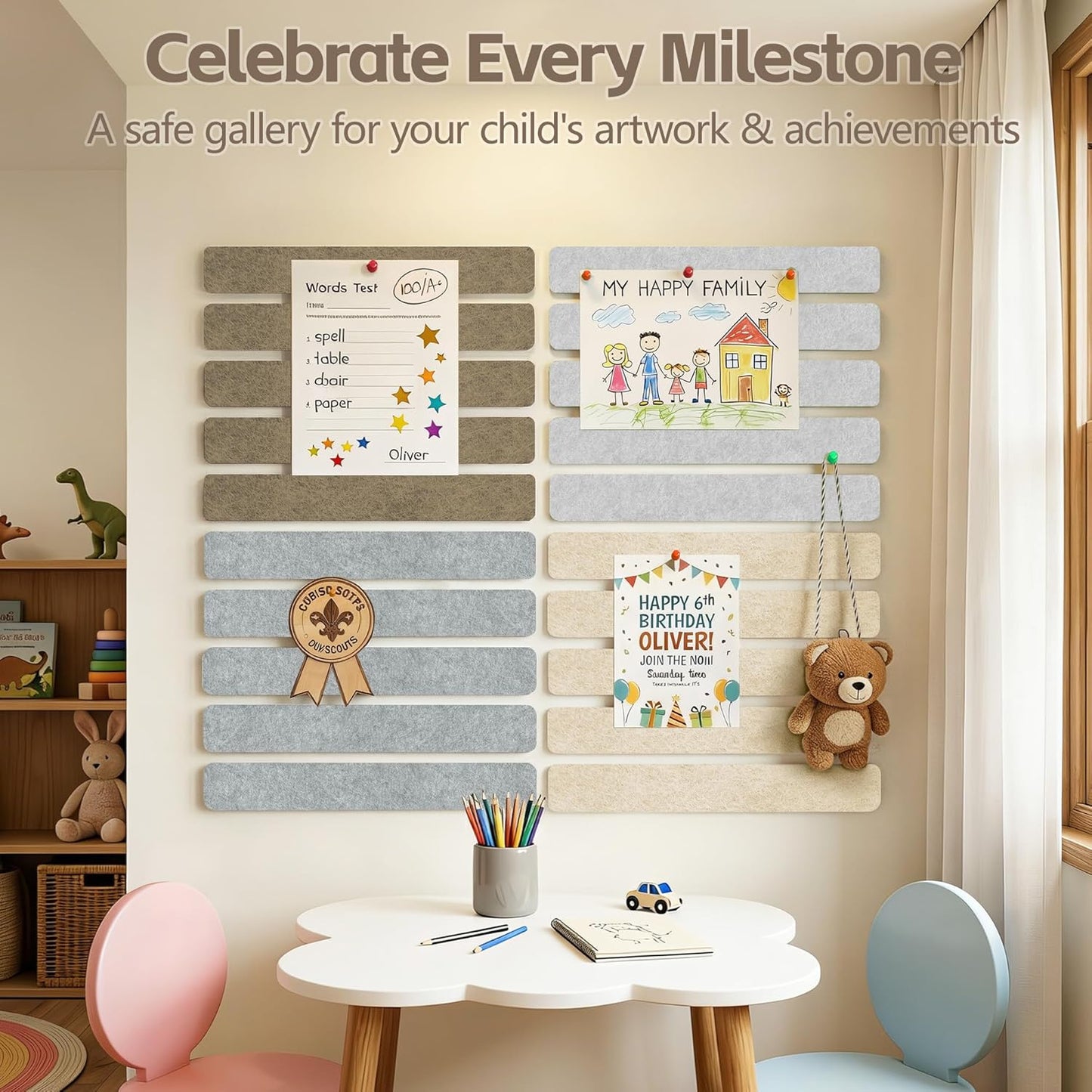 Cork Board for Walls - 8 Pack Felt Pin Board Bar Strips - Self-Adhesive Lightweight Bulletin Board - Cork Board for Office with 40 Push Pins No Damage for Wall