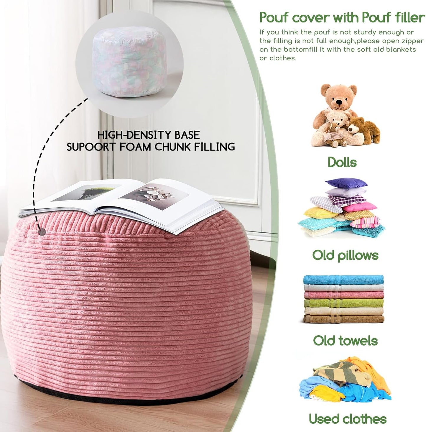 HIGOGOGO Round Stuffed Pouf Ottoman, Corduroy Poufs with Foam Chunk Filling, Furry and Fluffy Pouf Foot Stool Storage Ottoman, 20 X 15 Floor Poufs Foot Rest for Living Room, Dark Grey