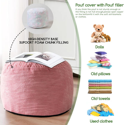 HIGOGOGO Round Stuffed Pouf Ottoman, Corduroy Poufs with Foam Chunk Filling, Furry and Fluffy Pouf Foot Stool Storage Ottoman, 20 X 15 Floor Poufs Foot Rest for Living Room, Dark Grey