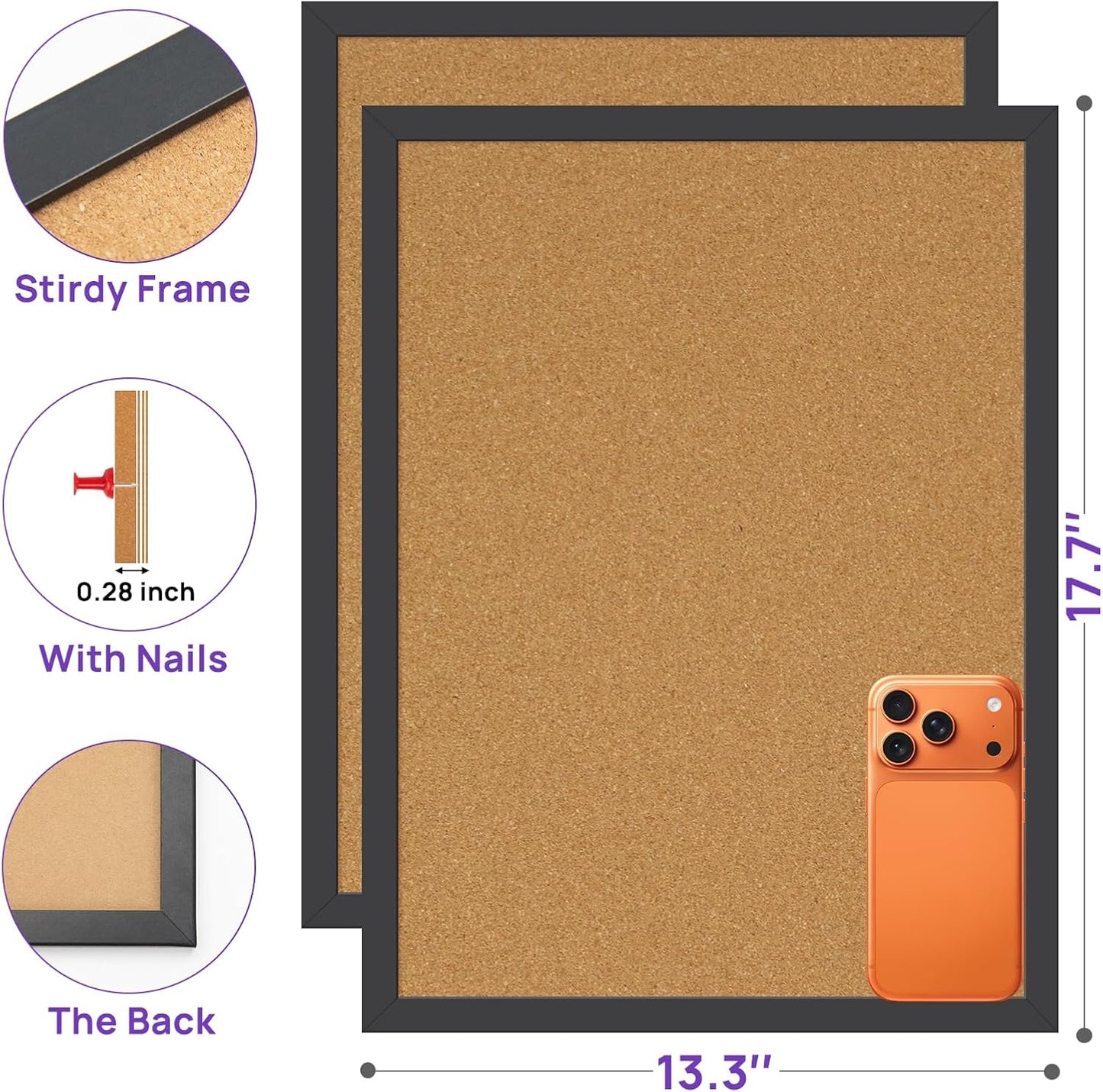 2 Pcs Cork Board, 17.7''x13.3'' Bulletin Board, Wooden Framed Corkboards for Wall, Small Cork Board, Vision Board Supplies, Prayer Board, Picture Board for Photos, Office, Home Decor, School
