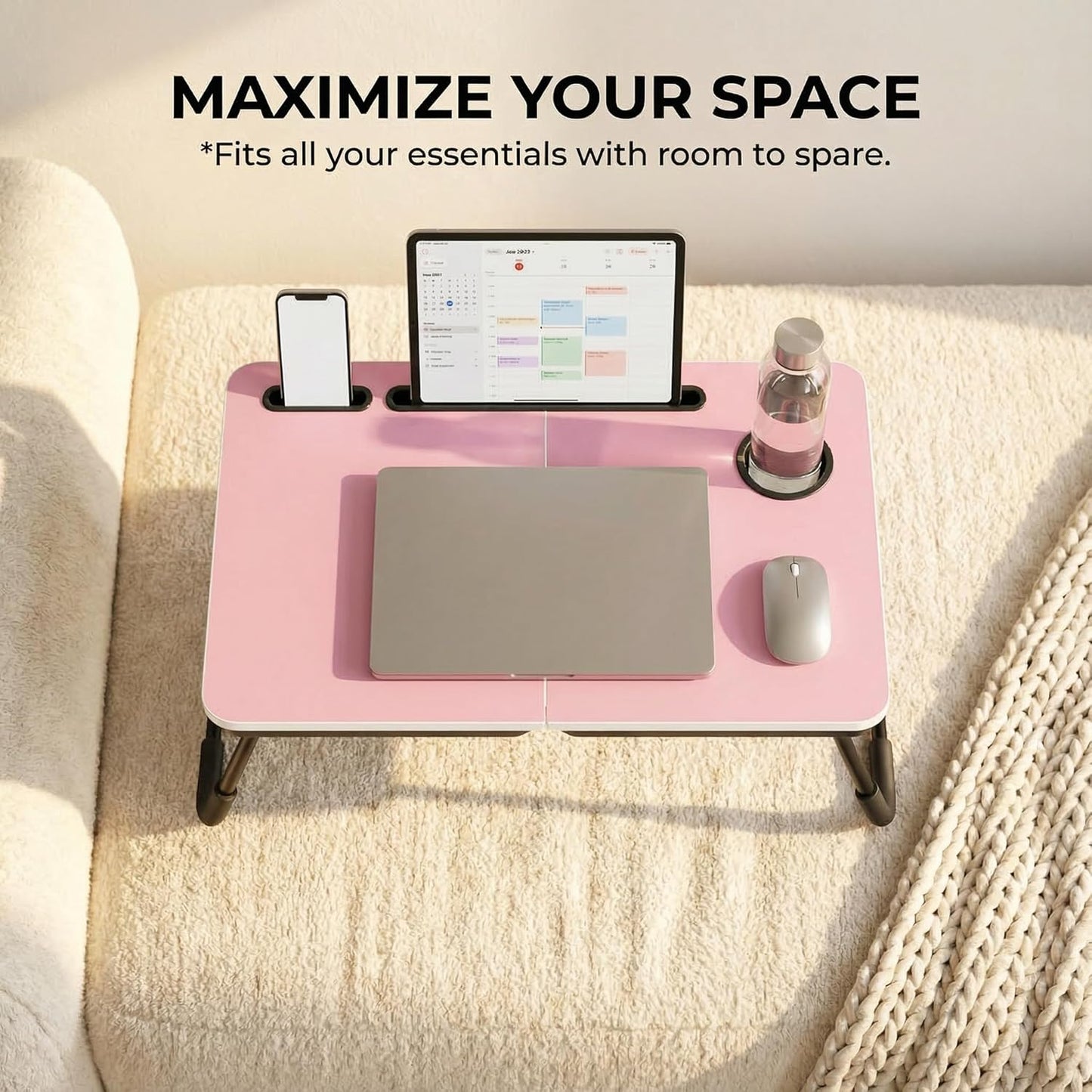 BUYIFY Foldable Laptop Bed Desk for Couch, Sofa - Large Lap Desk Tray Table with Cup Holder and Tablet Slot - Portable Notebook Stand for Eating, Writing, Studying and WFH -NEW-006-USA Original Patent