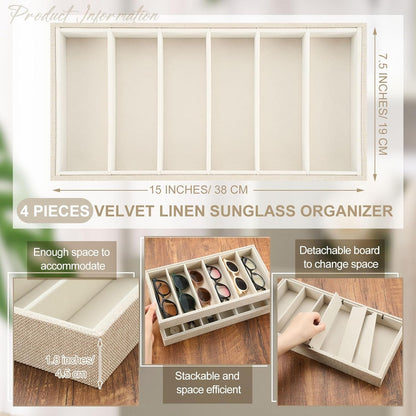 Juexica 2 Pcs Velvet Sunglasses Organizer Tray 6 Grid Sunglass Organizer Velvet Tray Stackable Glasses Display Case for Women Glasses Jewelry Display Watch (Beige)
