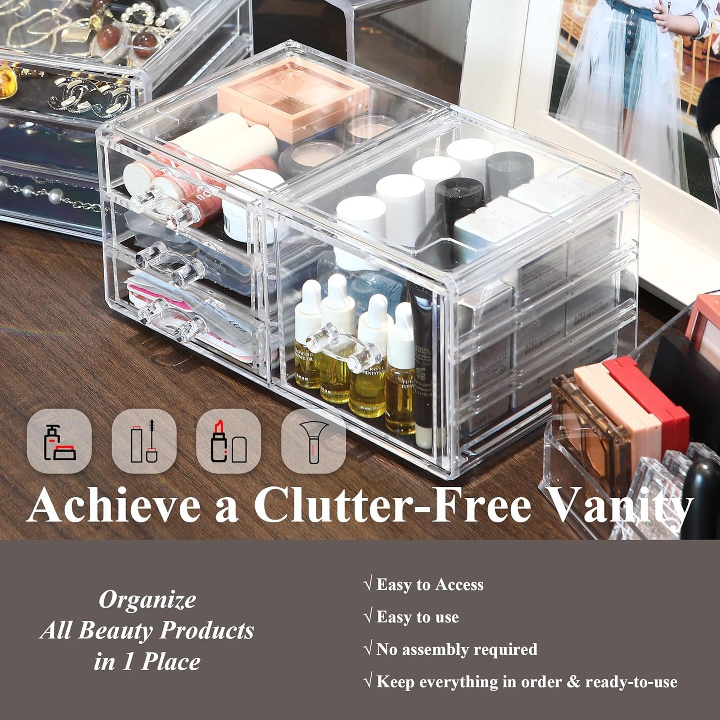 Sea Team Clear Makeup Organizer with Drawers, Acrylic Plastic Cosmetic Display Case, Jewelry Storage Box, Holder for Dresser, Bathroom, Vanity, Countertop (3 Middle Drawers)