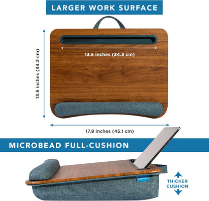 LAPGEAR Portable Laptop Lap Desk with Pillow Cushion, Anti-Slip Strip, Tablet or Phone Storage Slot, Pen and Pencil Pocket, and Wrist Rest - Espresso Woodgrain - Fits 15.6" Laptops - Style No. 91342
