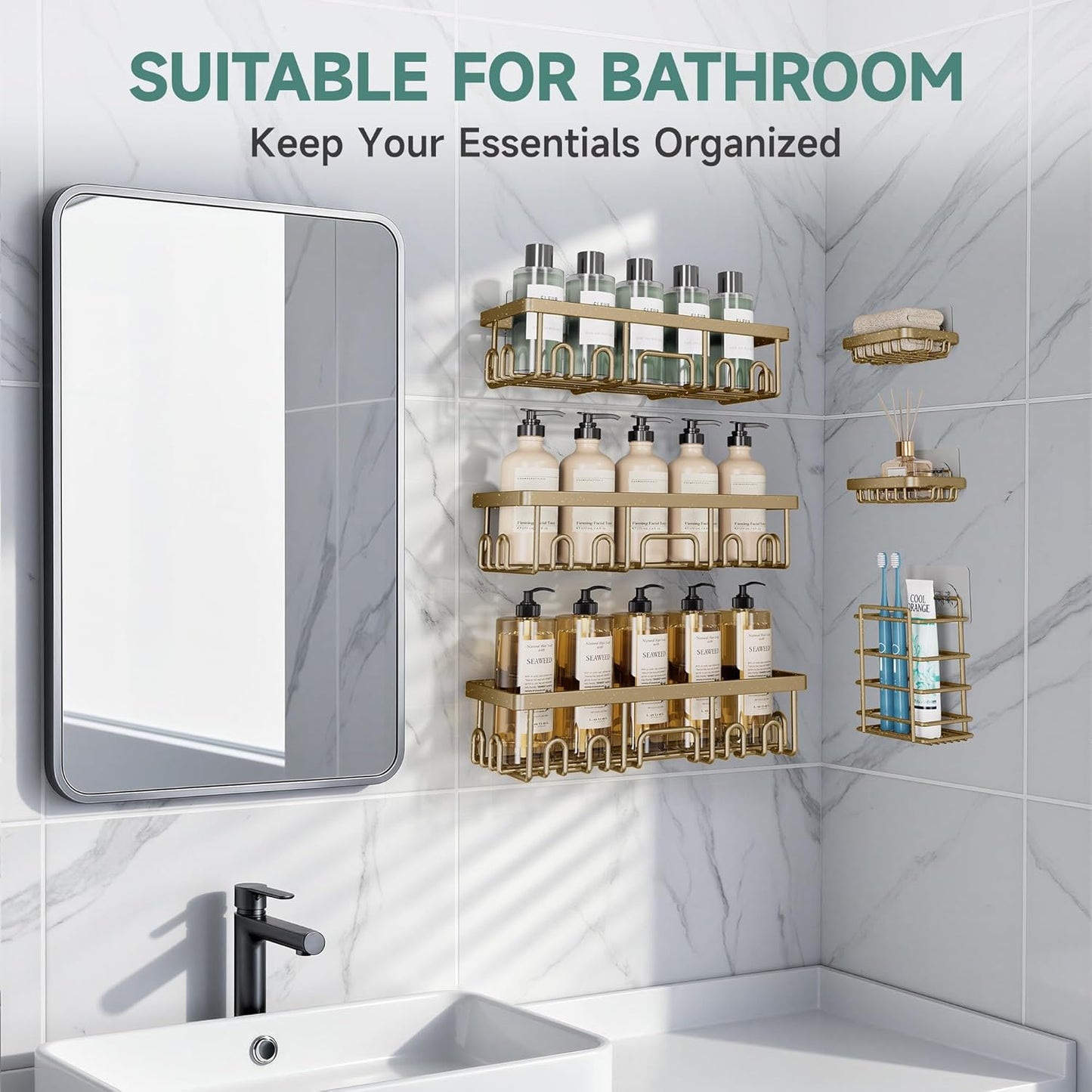 Veken Shower Caddy 6-Pack, Advanced Rustproof Design, No Drilling Adhesive Shelves, Rack with Soap Holder, Large Capacity Bathroom Organizers and Storage, Wall-Mounted Kitchen & Home Decor