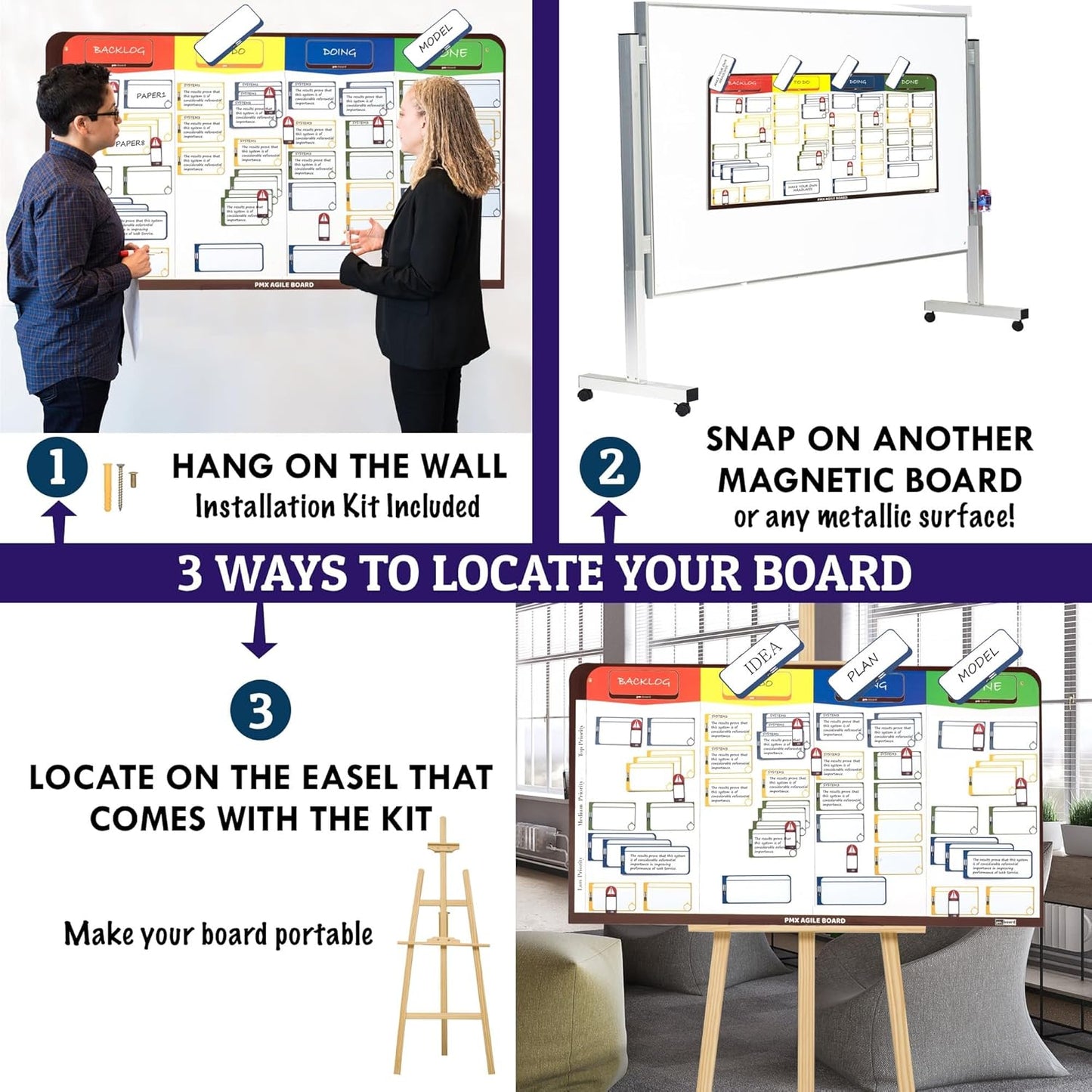 Magnetic Kanban & Scrum Board – Lightweight Agile Whiteboard with Customizable Headlines | Project Planning Board for Home, Office & School | Includes Easel, Markers, Eraser & Wall Mount Kit