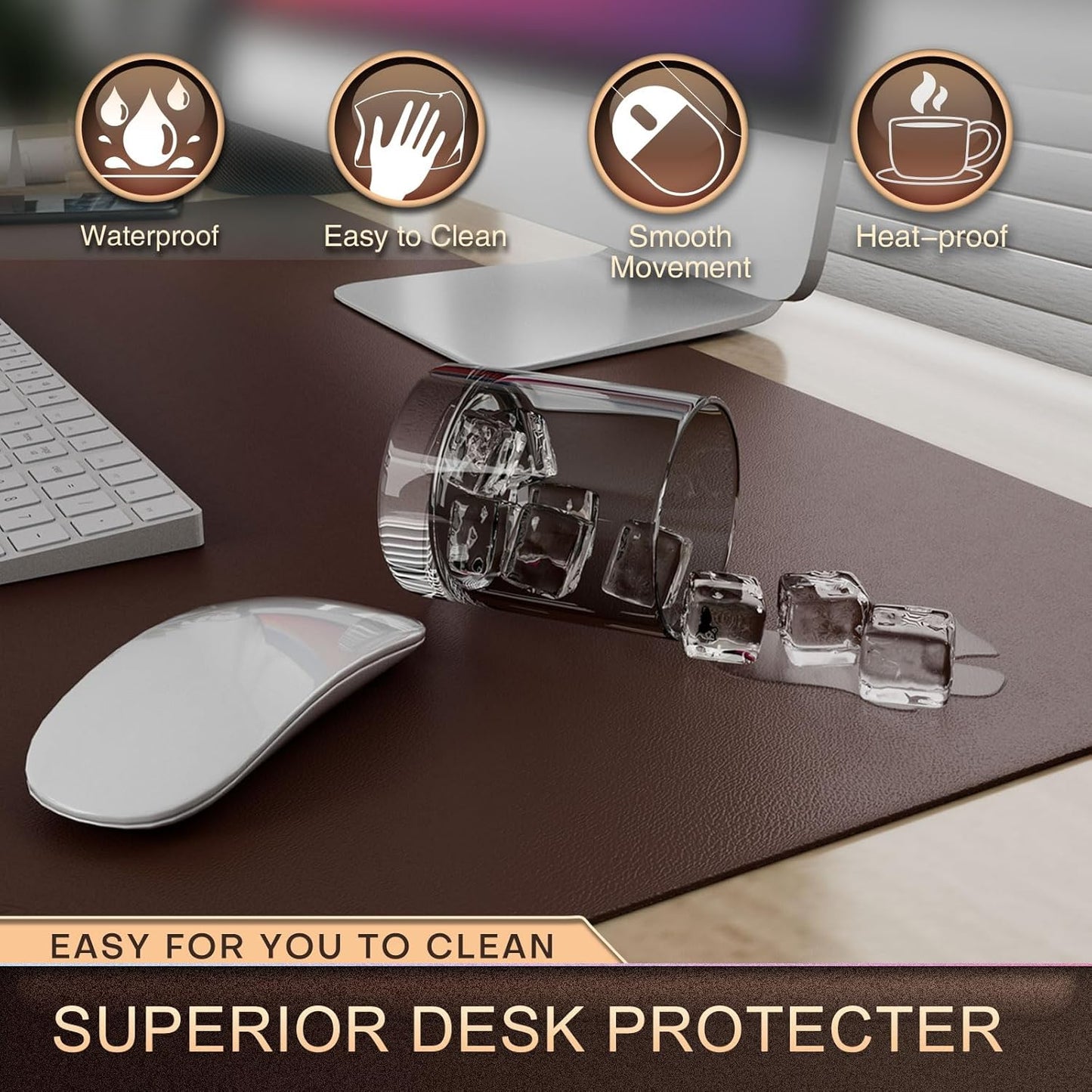 K KNODEL Leather Desk Pad Protector, Office Desk Mat, Large PVC Leather Desk Blotter, Non-Slip Mouse Pad (Dark Brown, 15.7" x 31.5")