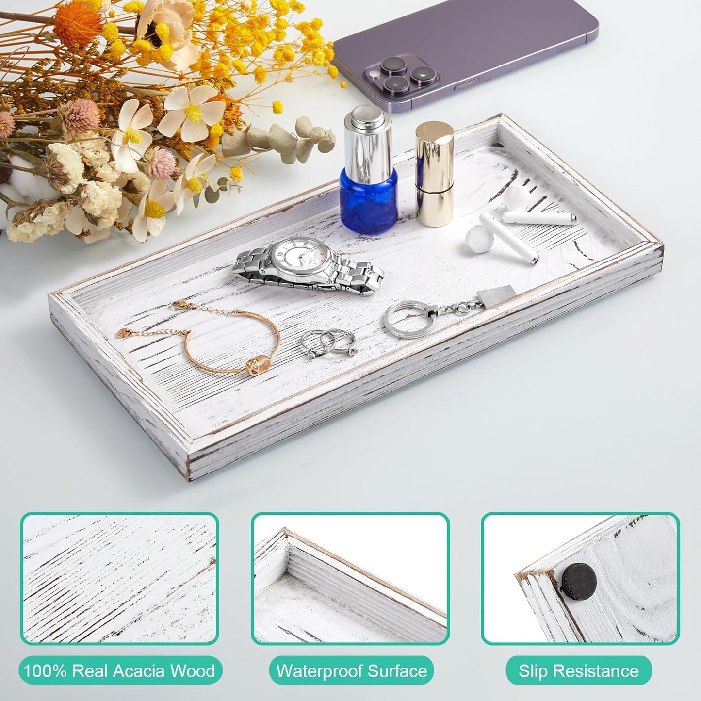 ALELION 8" Acacia Wood Bathroom Vanity Tray for Counter - Dresser Top Tray for Perfume Jewelry Candle Key Catchall - Small Kitchen Countertop Organizer for Soap Dispenser and Sponge Holder