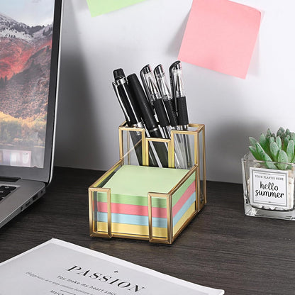 BTSKY Golden Glass Sticky Note Holder for 3x3 Inch Sticky Notes, Elegant Post It Note Dispenser with Non-Slip Pads Clear Notepad Holder for Desk Organization Planning, Home Office Decor