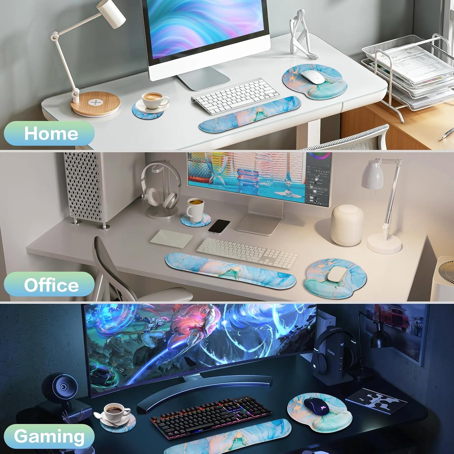Ergonomic Keyboard Wrist Rest, Mouse Pad with Wrist Rest Anime, Cat Gaming Mousepad with Wrist Support, Memory Foam Wrist Rest Set for Computer Keyboard, Funny Cute Office Desk Accessories