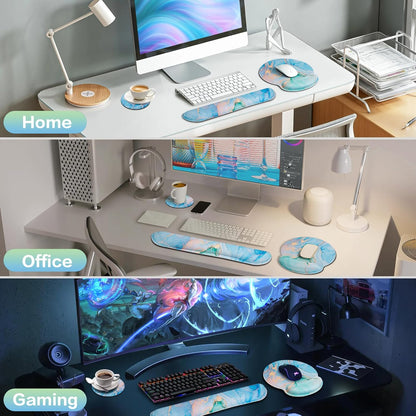 Ergonomic Keyboard Wrist Rest, Mouse Pad with Wrist Rest Anime, Cat Gaming Mousepad with Wrist Support, Memory Foam Wrist Rest Set for Computer Keyboard, Funny Cute Office Desk Accessories