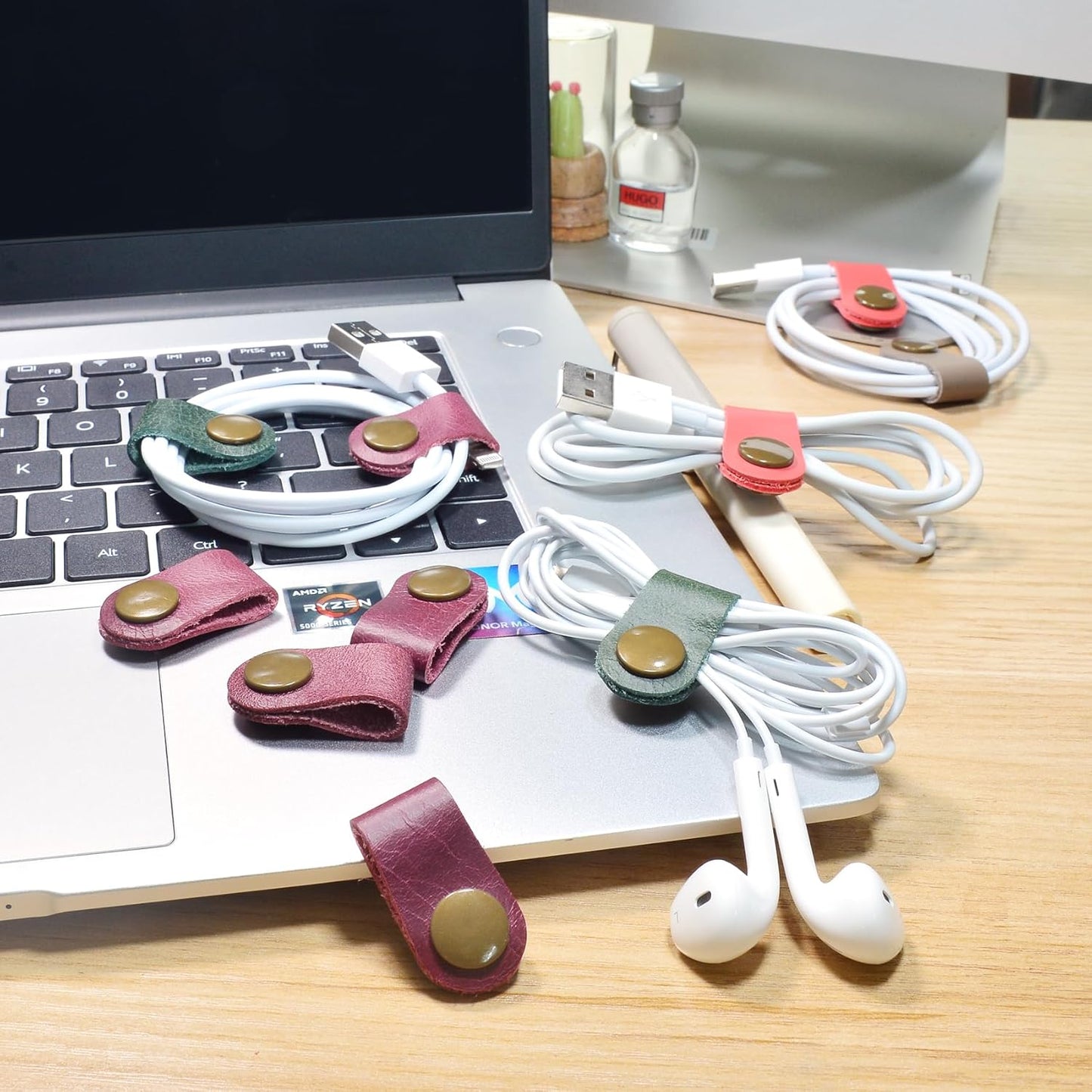 CAILLU Cord Organizer,Cord Keeper,Cable Organizer USB Holder,Cable Straps,Earbud case,wrap Headphone,Headset Winder,Earphone Clips Ties,stocking stuffers for men Gifts Leather