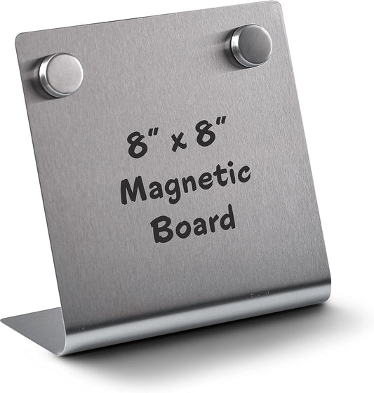 Magnetic Bulletin Board with Stand – Small Dry Erase Memo Board – Tabletop Metal Easel for Magnet Display – Mini Home Decor – 8x8 Inches + 2 Magnets