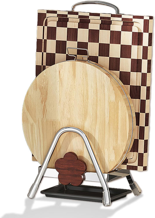Cutting Board Rack - Stainless Steel Chopping Board Pot Lid Holder Stand with Flower Decor, Stable Triangle for Kitchen Countertop Pots Pan Plate Cutting Boards Cooking Mats Cookware