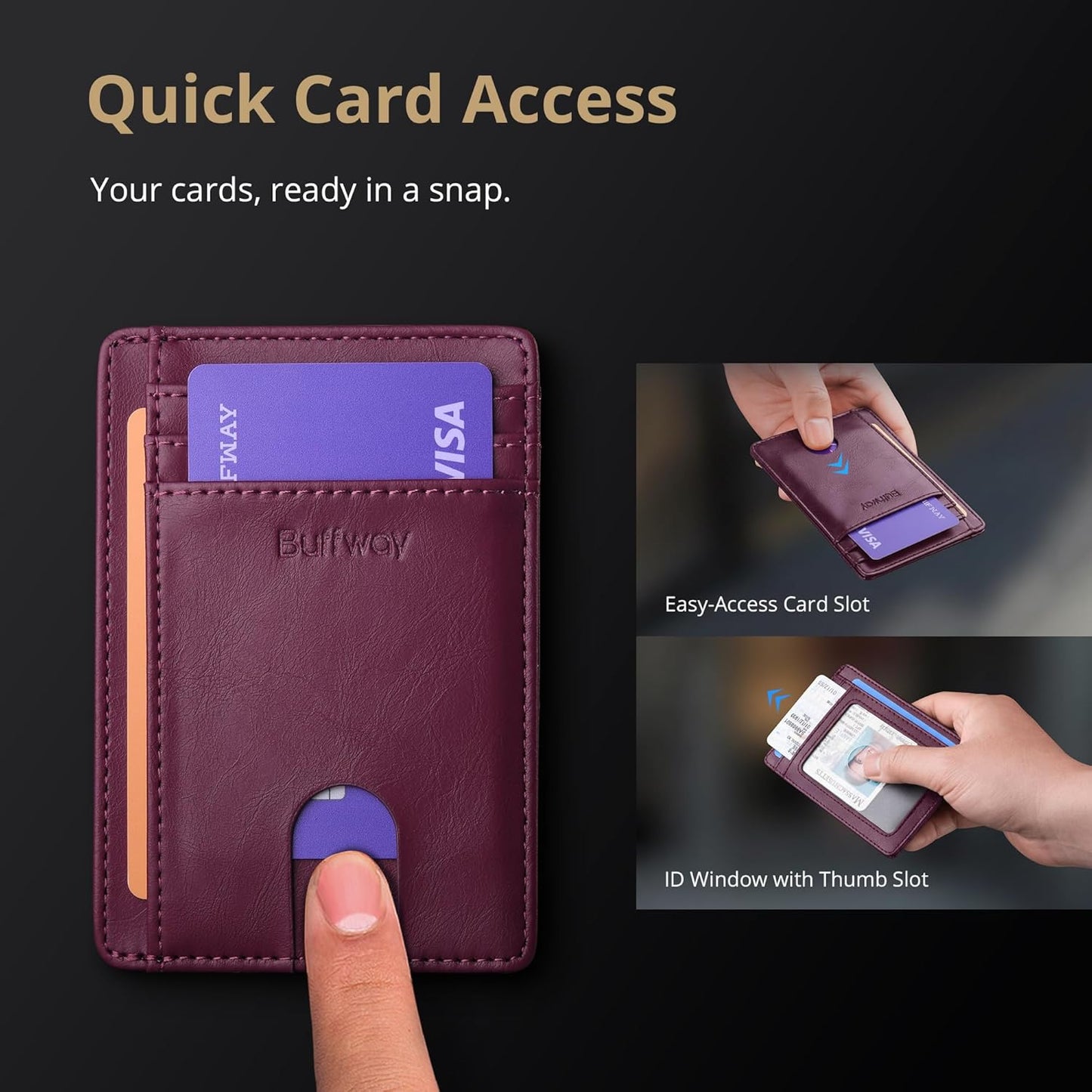 Buffway Slim Minimalist Front Pocket RFID Blocking Leather Wallets for Men and Women - Carbon Fiber Black - Colors B