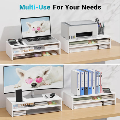 BONTEC Wooden Monitor Stand Riser for Desk, 2-Tier Computer Monitor Stand with Storage, 66 lbs Desk Shelf Organizer, Laptop & Printer Stand with Phone Holder and Cable Management, White, 16.5 Inch