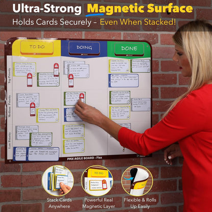 4 Column Magnetic Kanban Board, Scrum Board Flex Whiteboard Kit. Agile Kit, 64 Magnetic Kanban Cards Kit, Scrum Cards Set. Project Management Board for Project Planning, Kanban Whiteboard Kit