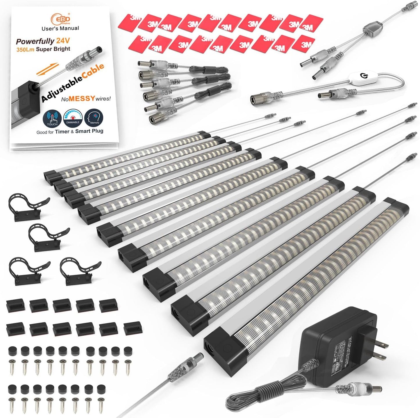 EBD LED Light Bar Built-in Adjustable Cable 12 Pcs Corner Input Under-Counter Light fixtures Work Bench linkable Touch Lights 3000K 5400 Lm Super Bright for Pantry Garage Shelves Closet Shelf