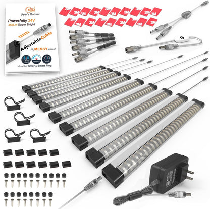 EBD LED Light Bar Built-in Adjustable Cable 12 Pcs Corner Input Under-Counter Light fixtures Work Bench linkable Touch Lights 3000K 5400 Lm Super Bright for Pantry Garage Shelves Closet Shelf