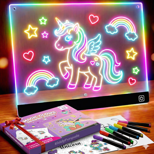 LED Drawing Board for Girls, Kids, 9.8"x7.9" 7 Colors DIY Doodle Glow Note Board with 7 Pens, 10 Tracing Sheets - Unicorn Toys Gifts, Brithday Gift for Girl 4 5 6 7 8 9 Year Old, Light Up Pad Art Kit