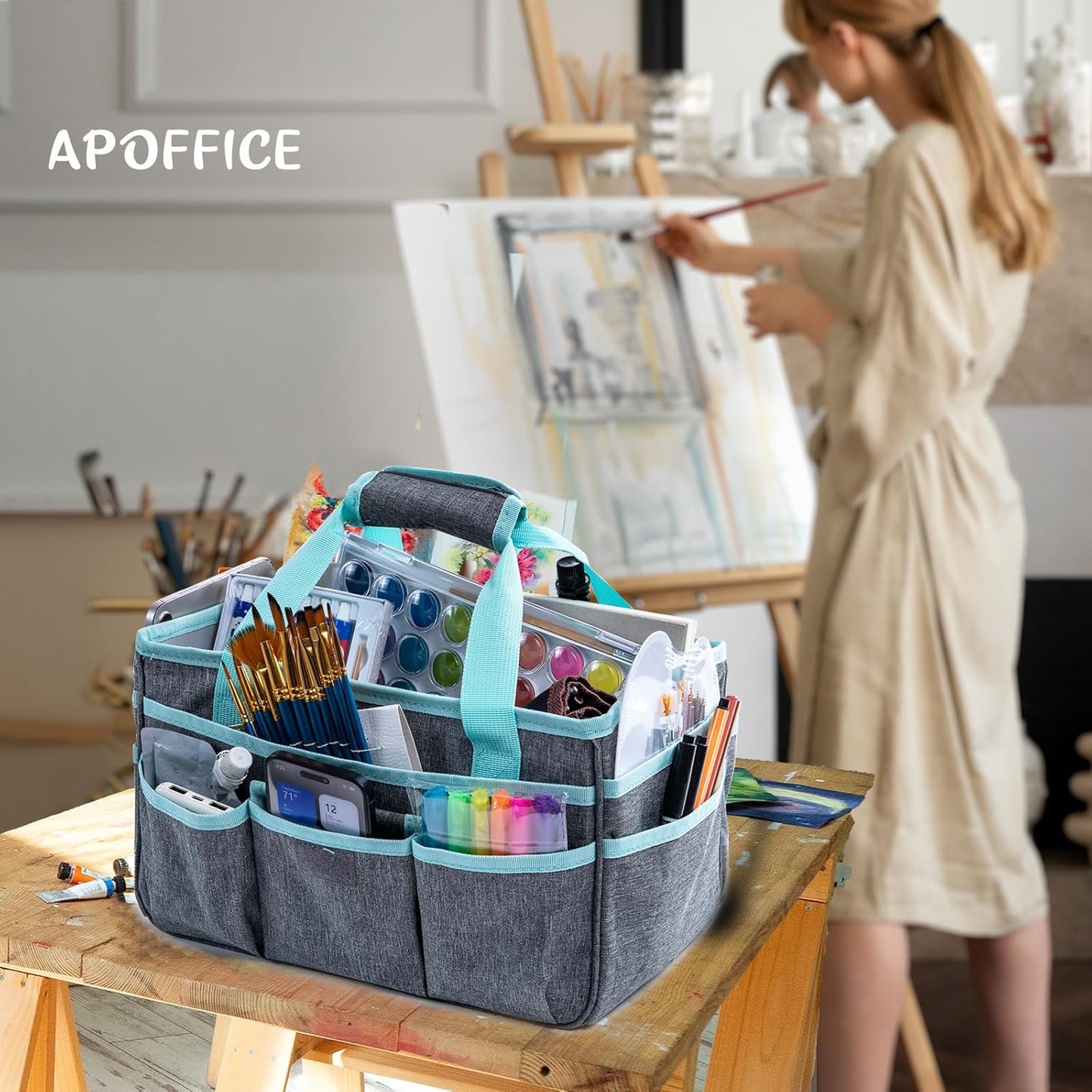 Art Supply Organizer Tote Bag – Craft Caddy with Handle, Utility Storage Tote with Multiple Pockets & Adjustable Divider for Stationary, Sewing, Scrapbooking, School, Office, Medical Supplies