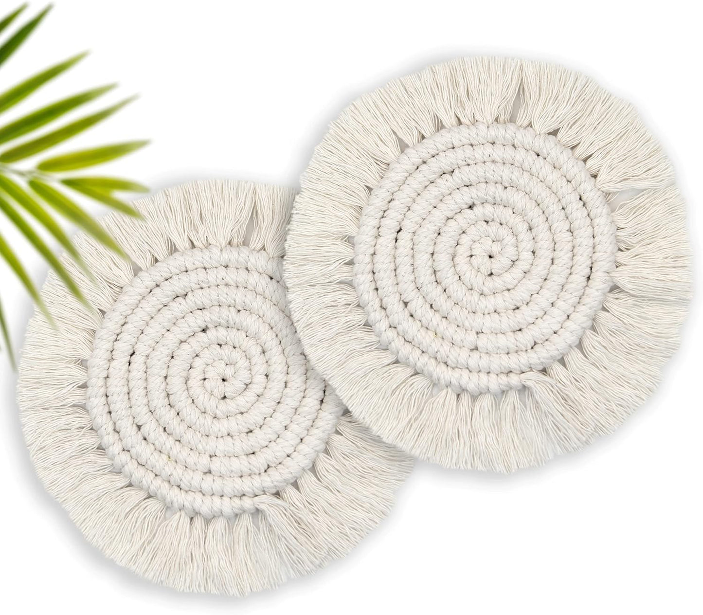 7.4in Boho Coasters for Drinks, Handmade Woven Absorbent Coasters for Desk, Farmhouse Cute Coaster for Mugs Cups - Gifts for Women, Beige