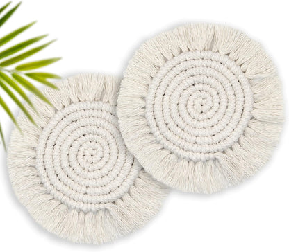 7.4in Boho Coasters for Drinks, Handmade Woven Absorbent Coasters for Desk, Farmhouse Cute Coaster for Mugs Cups - Gifts for Women, Beige