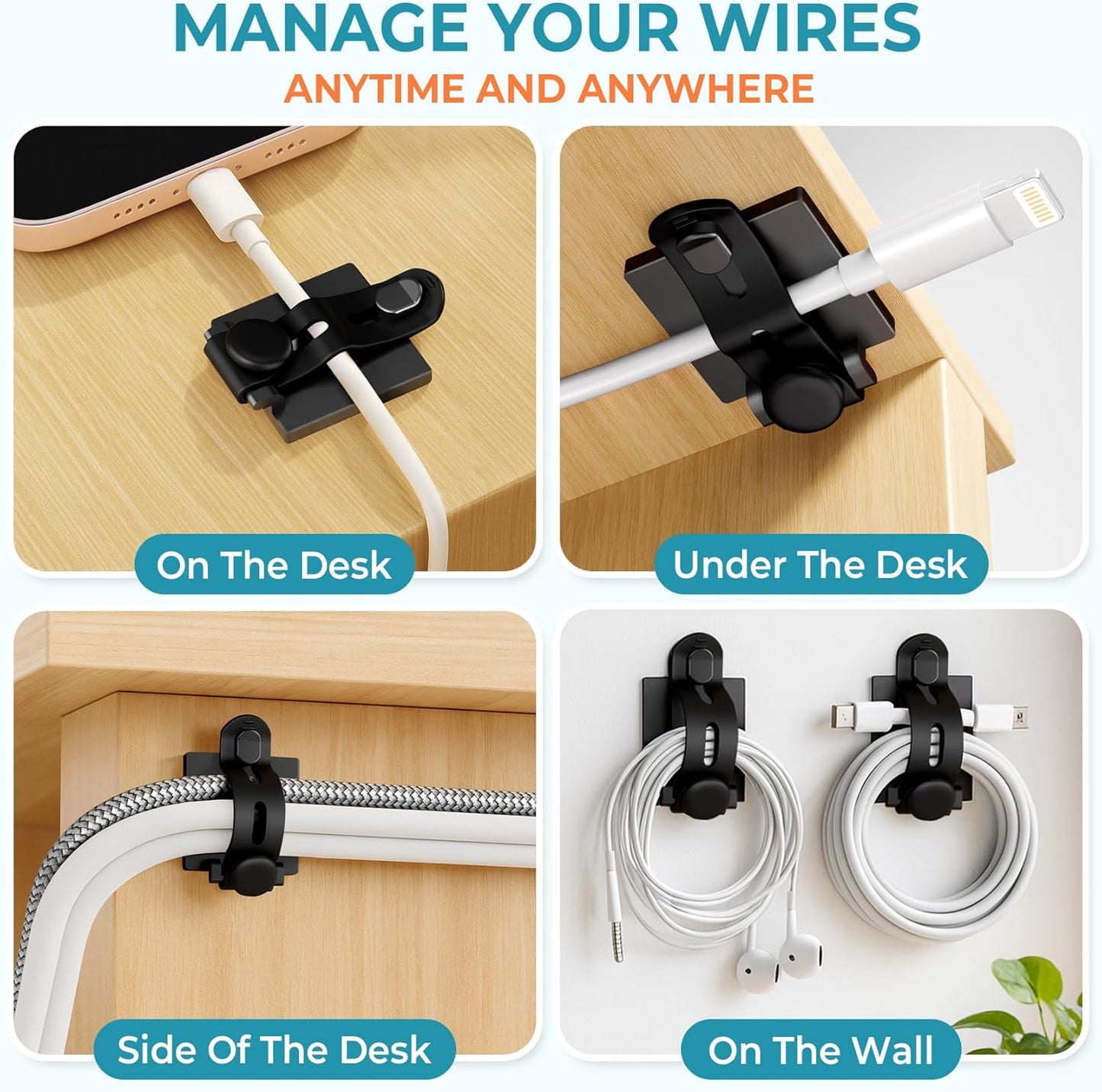 Kanemc Cable Clips Management Kit, 15 Cable Holder With Silicone Cord Ties, 15 Nylon Zip Tie, Extra 15 Screws & 8 Adjustable Cable Straps For Workspace Organizers Computer TV Under Desk Wire Setup