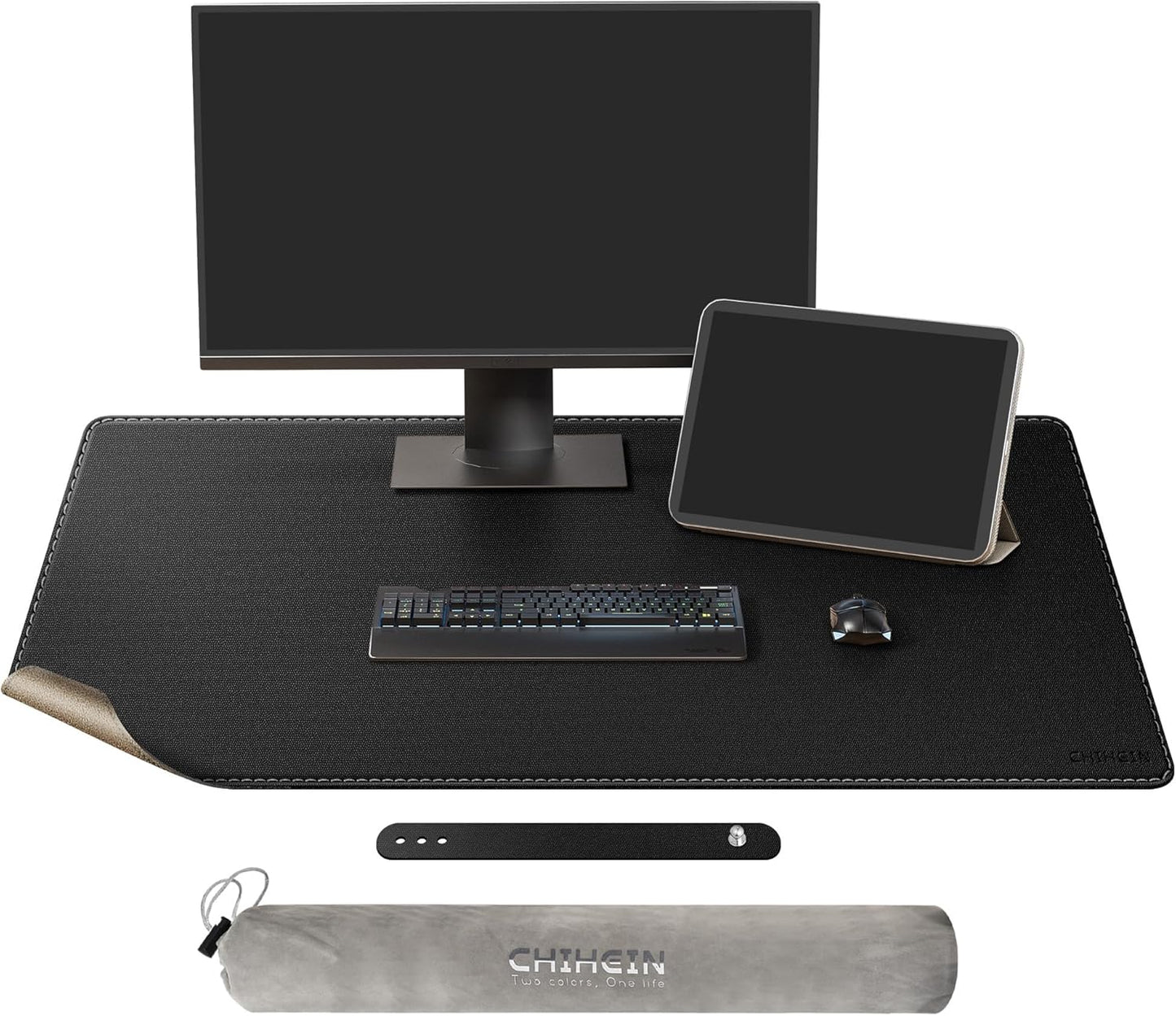Chihein 2XL 35" x 16" Cork & PU Leather Desk Mat, Dual Sided Desk Pad Protector, Waterproof Writing Blotter for Gaming, Office, Home (Black)