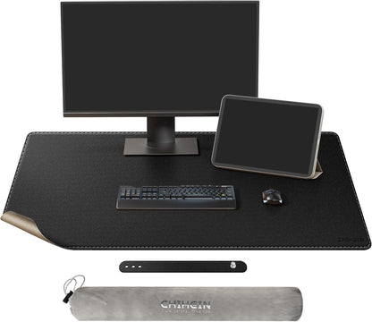 Chihein 2XL 35" x 16" Cork & PU Leather Desk Mat, Dual Sided Desk Pad Protector, Waterproof Writing Blotter for Gaming, Office, Home (Black)