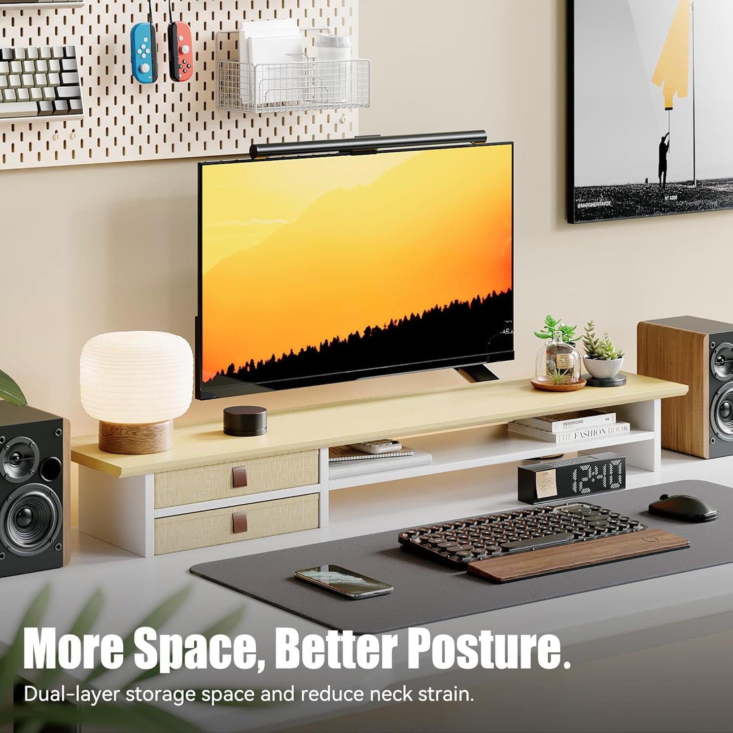 FENSULN Dual‑Tier Monitor Stand Riser with Drawers, Desktop Organizer Shelf Storage for Computer Screen 2 Monitors, Supports for PC Computer Monitor, Printer, Heavy TV Riser Brown and Black
