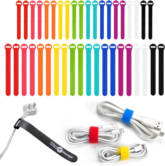 Self-Gripping Cable Ties by Wrap-It Storage, Multi-Color, 40 Pack (5 Inch and 8 Inch Straps) – Reusable Hook and Loop Cord Keeper, Cable Wrappers for Cord Management and Home Office Desk Organization