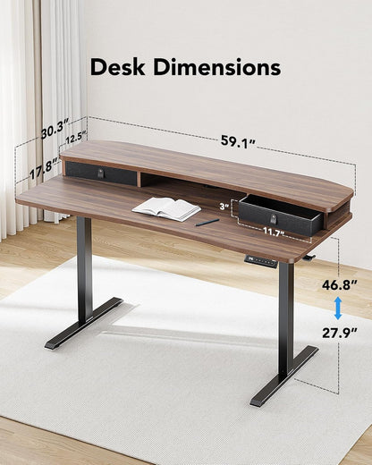 HUANUO 48″ x 24″ Electric Standing Desk with 2 Drawers, C-Clamp Mount Compatible, Height Adjustable Computer Desk, Home Office Stand Up Desk with 4 Preset Heights & 2 Hooks, Black