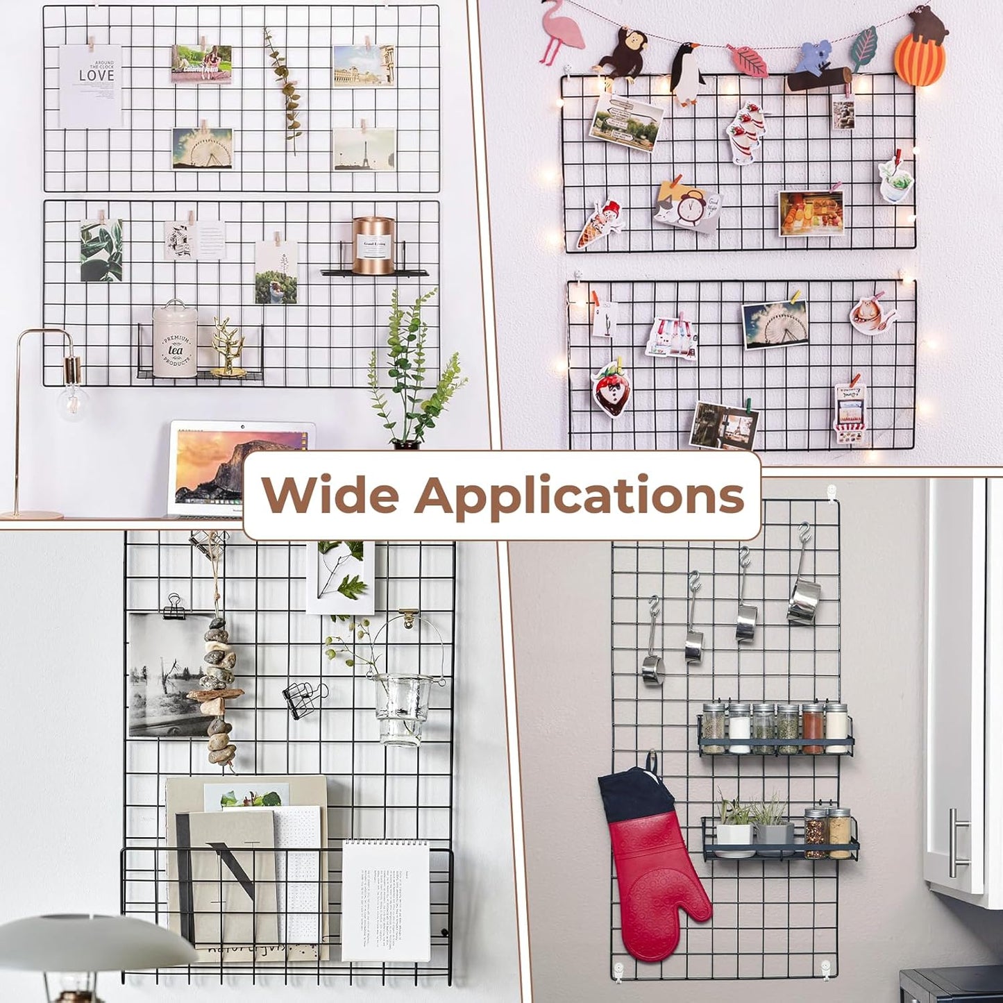 Lnrueg Wire Wall Grid Panel with Wall Grid Shelf with Photo Frames for Photo Display, Metal Mesh Message Board Memo Boards, Heavy Duty Gridwall Display Rack for Art Retail Display (Black-A)