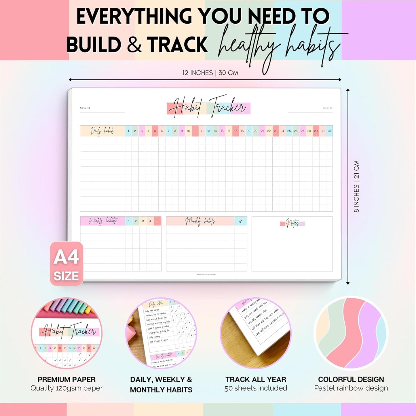 Habit Tracker Desk Pad A4 – Daily Weekly & Monthly Habit Tracker Pad – Productivity & Goal Planner Deskpad – 50 Tear-Off Sheets, 120gsm Premium Paper (Colorful)