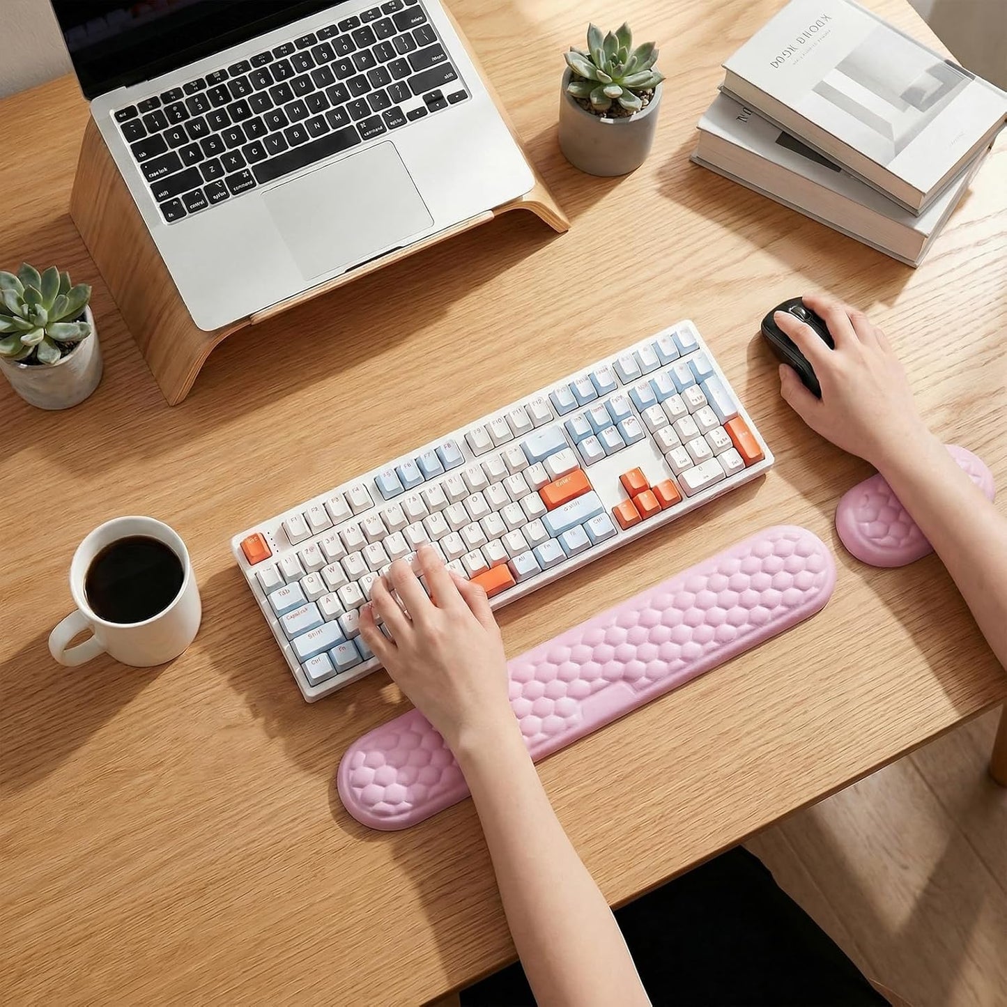 Wrist Rest for Keyboard and Mouse, Ergonomic Memory Foam Keyboard Set with Non-Slip Base, Soft Arm Cushion & Palm Support for Office, Home, Gaming & Laptop Typing, Reduces Fatigue & Strain, Black