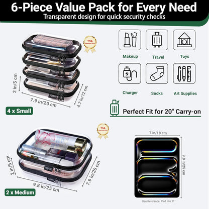 YQBRAO 6 Pack Clear Hard Shell Zipper Case, 1.2mm Heavy Duty Crush-Proof Diaper Bag Organizer Pouches, TSA Approved Travel Makeup Bag for Toiletries & Electronics, (2L, 2M, 2S) Multi-Size Storage Set