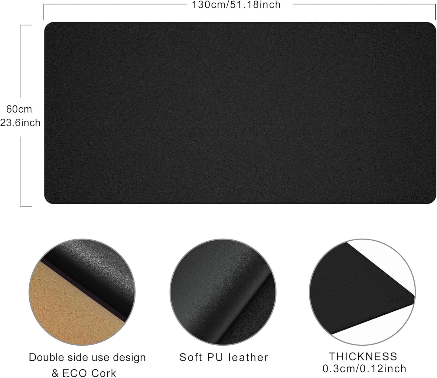 Chihein 2XL 35" x 16" Cork & PU Leather Desk Mat, Dual Sided Desk Pad Protector, Waterproof Writing Blotter for Gaming, Office, Home (Black)