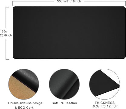 Chihein 2XL 35" x 16" Cork & PU Leather Desk Mat, Dual Sided Desk Pad Protector, Waterproof Writing Blotter for Gaming, Office, Home (Black)